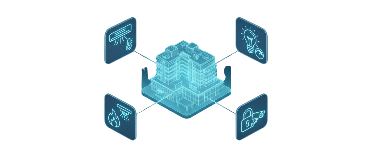 Live system status dashboard for HVAC, lighting, fire safety and video surveillance